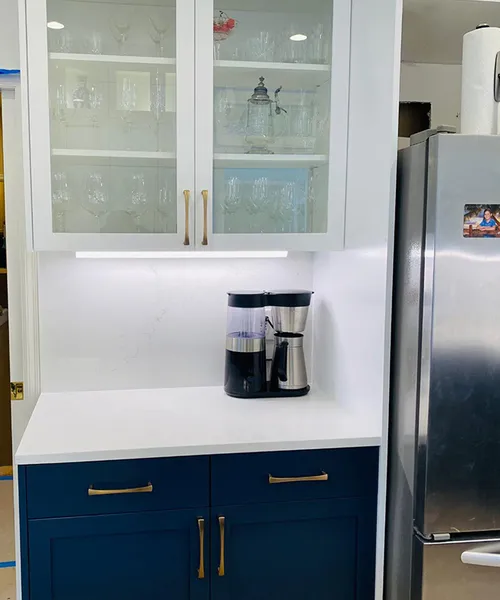 Countertops with full high backsplashes and one waterfall leg in Mukilteo 
